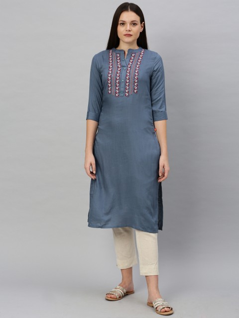 

Alena Women Blue & Maroon Floral Embroidered Straight Kurta