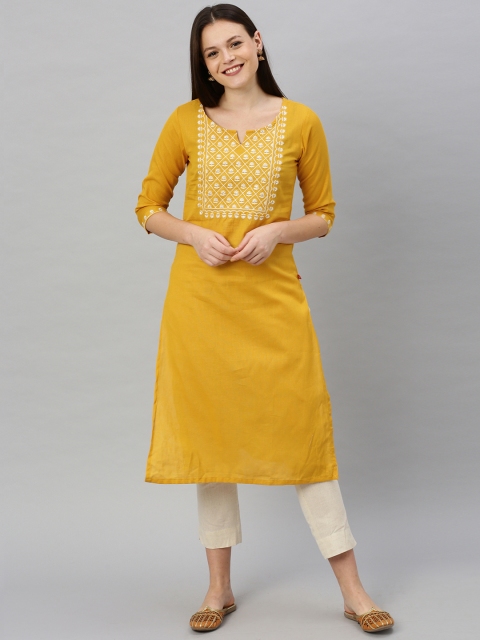 

Alena Women Mustard Yellow Embroidered Straight Kurta