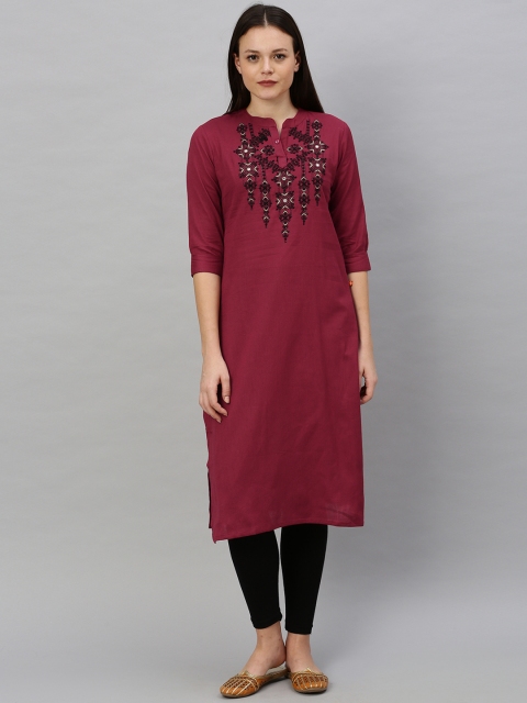 

Alena Women Maroon & Black Embroidered Straight Kurta