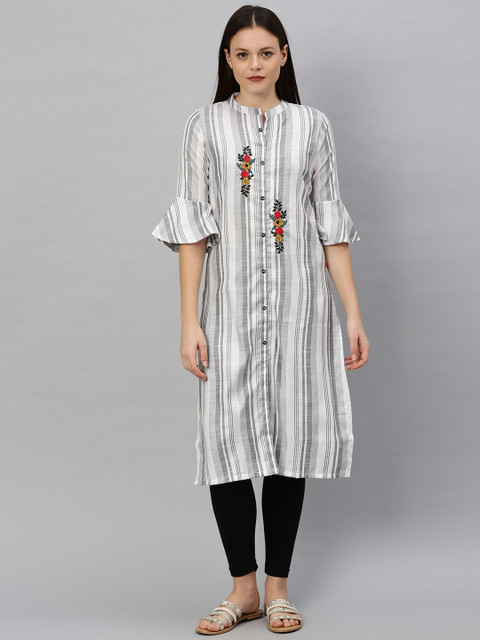 

Alena Women White & Grey Striped Straight Kurta with Floral Embroidery
