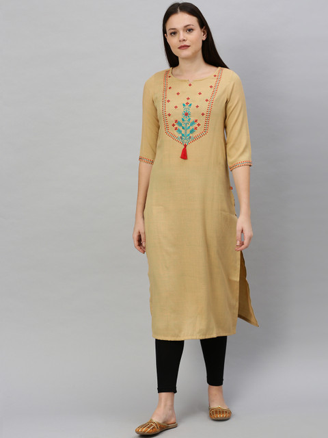 

Alena Women Beige & Green Floral Embroidered Straight Kurta