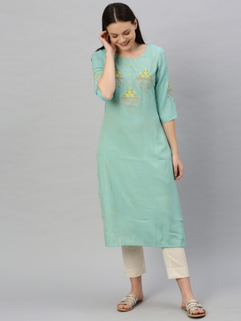 

Alena Women Sea Green Yoke Design Straight Kurta