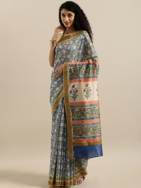 

Geroo Jaipur Blue & Cream-Coloured Pure Silk Printed Handloom Bagru Saree