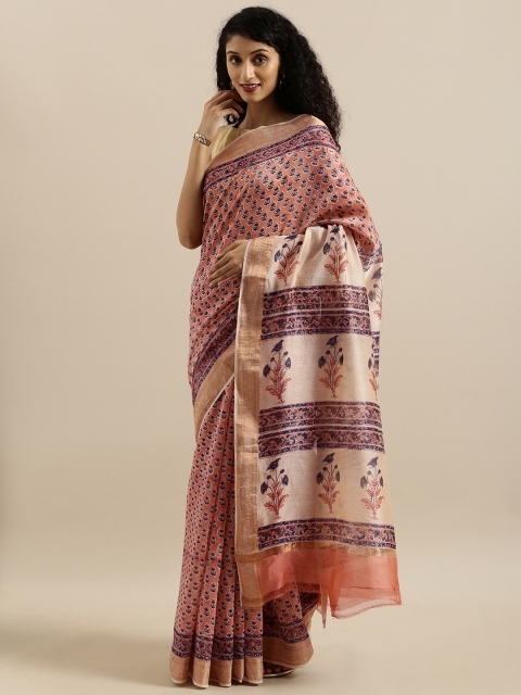 

Geroo Jaipur Peach-Coloured & Navy Blue Pure Silk Printed Handloom Bagru Saree