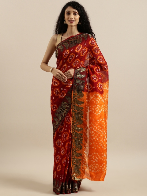

Geroo Jaipur Maroon & Mustard Yellow Silk Blend Dyed Handloom Bandhani Saree