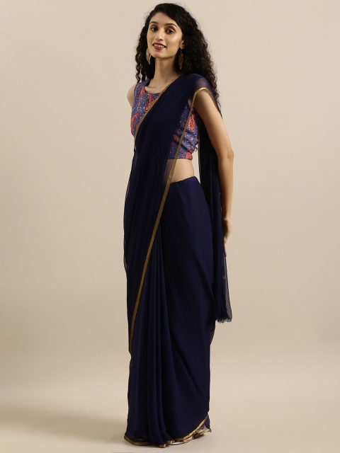 

Geroo Jaipur Hand Dyed Navy Blue Solid Chiffon Sustainable Saree With Hand Block Print Blouse