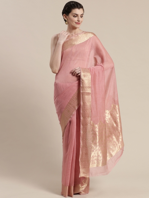 Pink & Golden Solid Maheshwari Saree