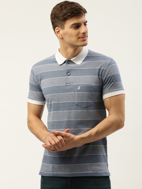 

PORTBLAIR Men Blue & Grey Striped Polo Collar T-shirt
