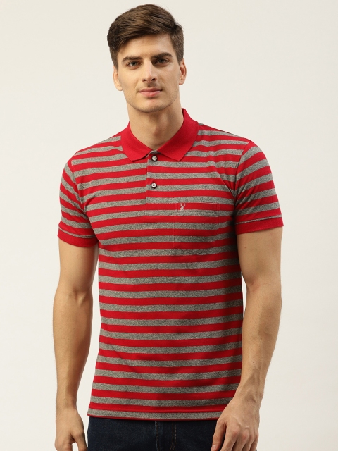 

PORTBLAIR Men Red & Charcoal Grey Striped Polo Collar T-shirt