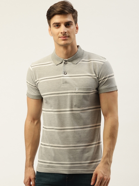 

PORTBLAIR Men Grey Melange & Off-White Striped Polo Collar T-shirt