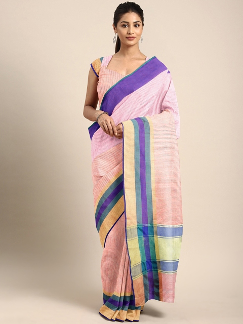 

KALINI Pink & Red Cotton Blend Striped Kota Saree