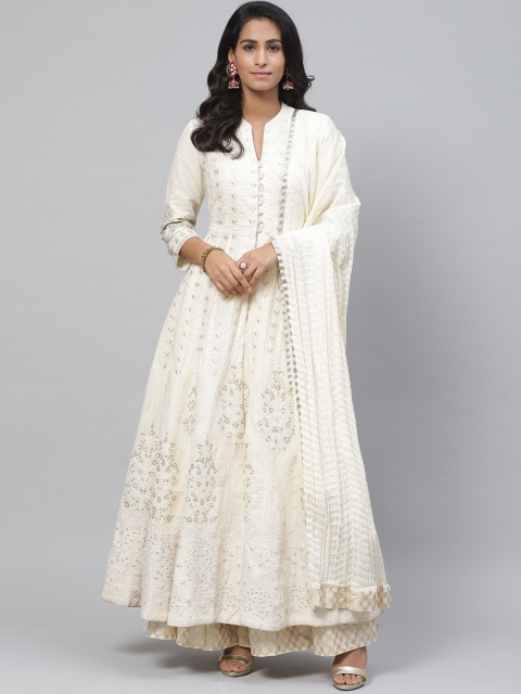 

Biba Women Cream-Coloured Embroidered Kurta with Skirt & Dupatta