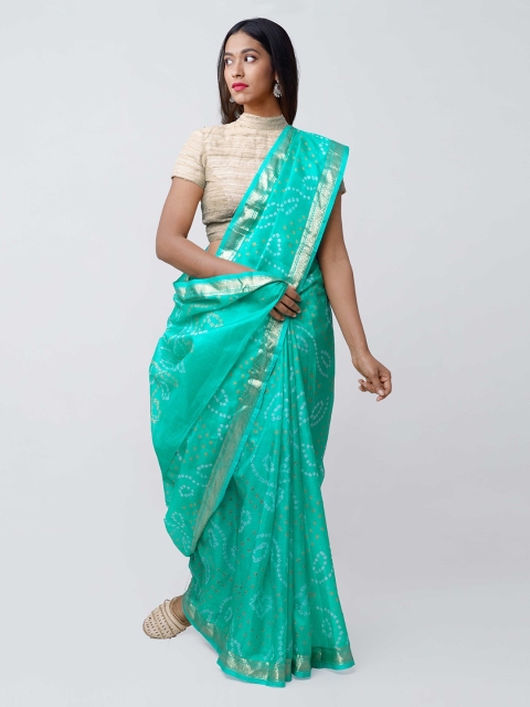 

Unnati Silks Turquoise Blue & Silver-Toned Pure Silk Printed Bandhani Handloom Saree