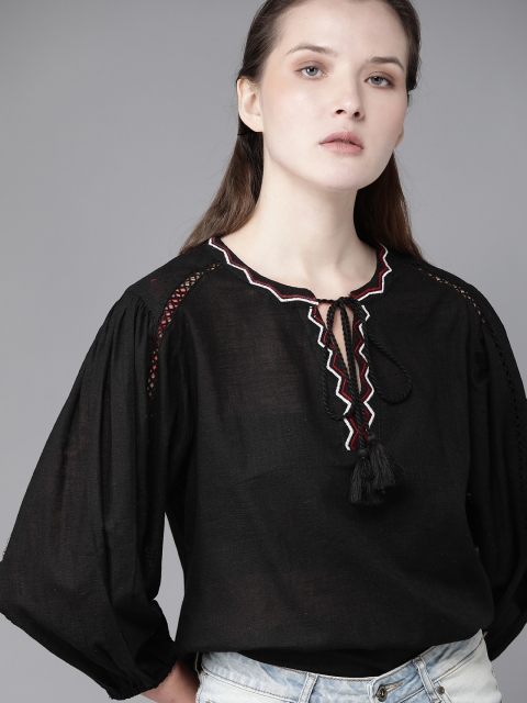 

Roadster Women Black Solid Pure Cotton Top