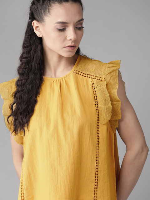 

Roadster Women Mustard Yellow Embroidered Detail A-Line Top
