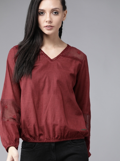 

Roadster Women Maroon Solid Blouson Top