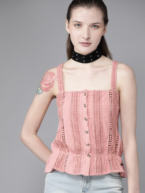 

Roadster Women Pink Crochet Pure Cotton Top