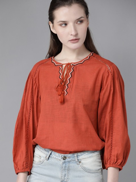 

Roadster Women Rust Orange Solid Pure Cotton Top