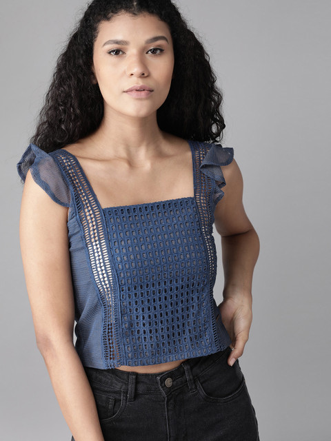 

Roadster Women Navy Blue Self-Design Semi-Sheer Crop Pure Cotton Top