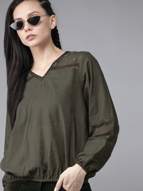 

Roadster Women Olive Green Solid Blouson Top