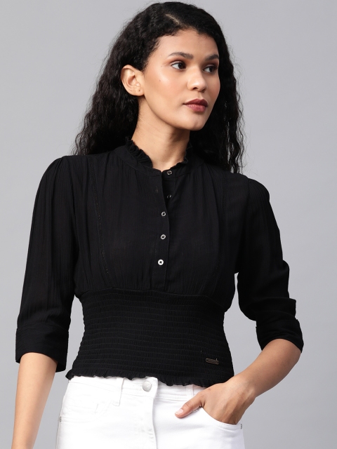 

Roadster Women Black Solid Smocked Waist Top