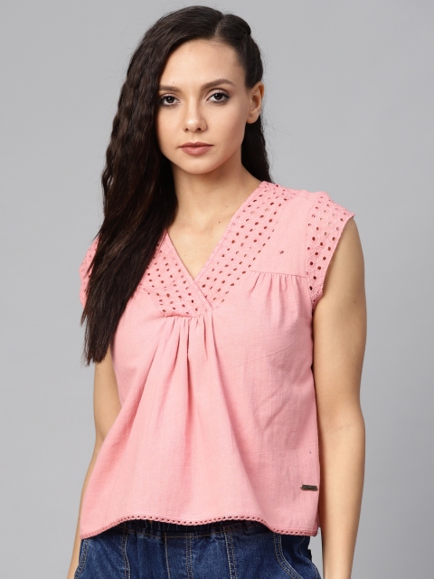 

Roadster Women Pink Solid Lace Up Solid Schiffli Embroidered Pure Cotton Top