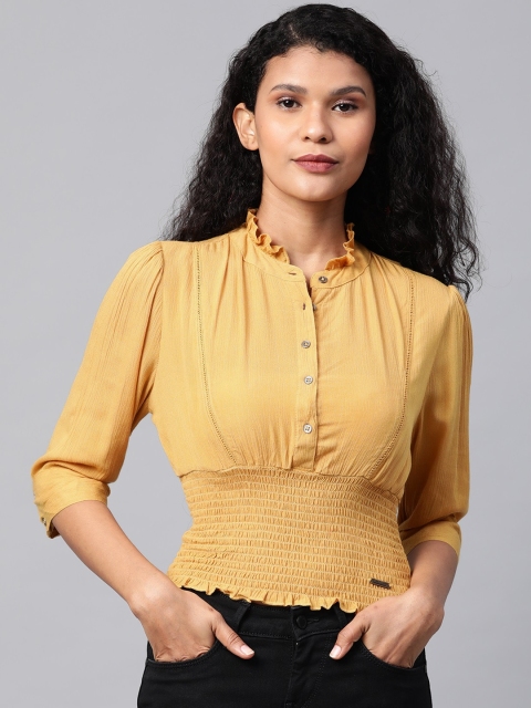 

Roadster Women Mustard Yellow Solid Smocked Waist Sustainable Top