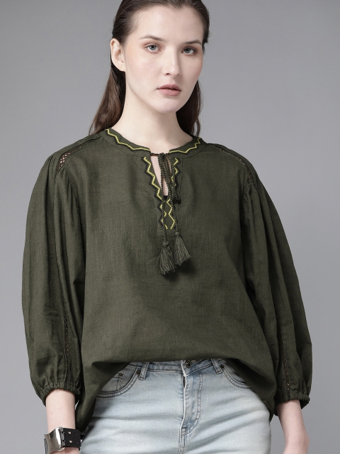 

Roadster Women Olive Green Solid Pure Cotton Top