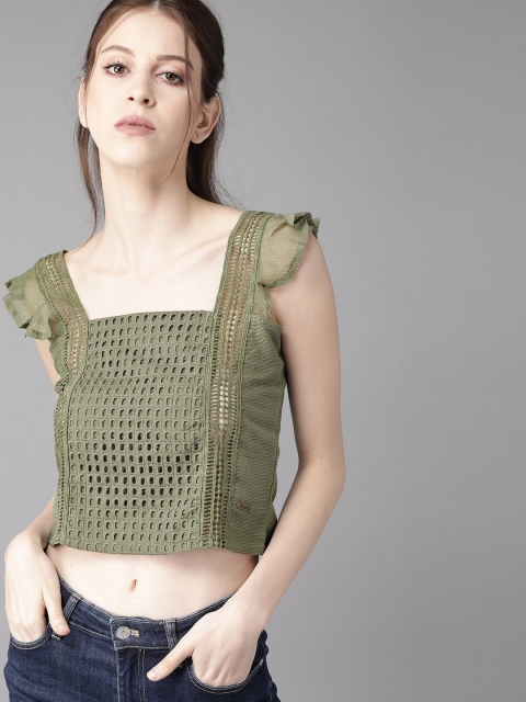 

Roadster Women Olive Green Semi-Sheer Crop Pure Cotton Top