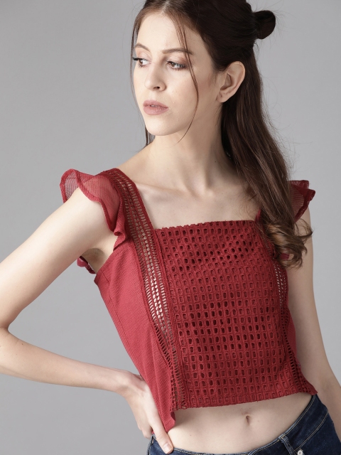 

Roadster Women Maroon Self-Design Semi-Sheer Crop Top