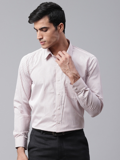 

DENNISON Men White & Peach-Coloured Smart Slim Fit Grid Tattersall Checks Formal Shirt