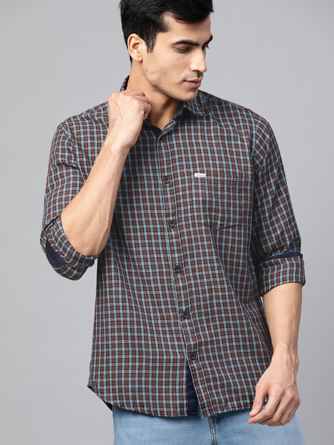 

DENNISON Men Brown & Blue Smart Slim Fit Checked Casual Shirt