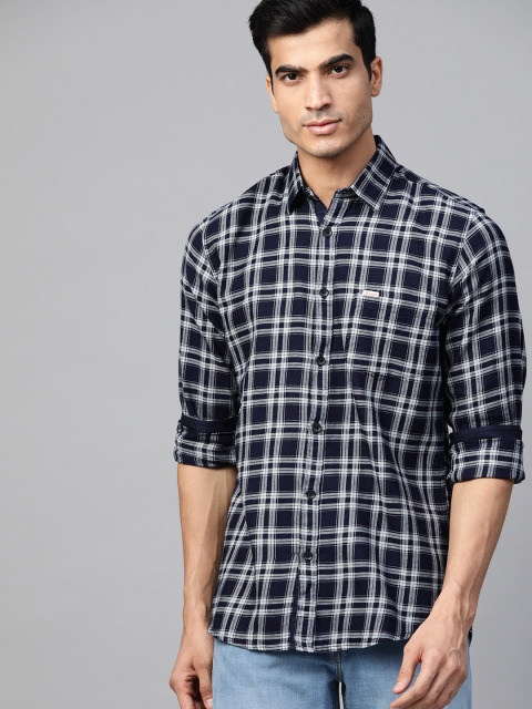 

DENNISON Men Navy Blue & Grey Smart Slim Fit Tartan Checked Casual Shirt