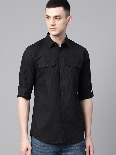 

DENNISON Men Black Comfort Slim Fit Solid Cotton Linen Casual Shirt