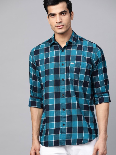 

DENNISON Men Navy Blue & Teal Blue Smart Slim Fit Windowpane Checked Casual Shirt