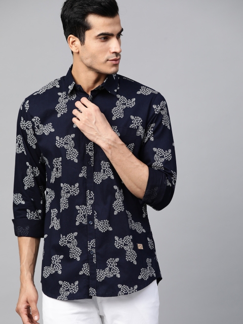 DENNISON Men Navy Blue & White Comfort Slim Fit Floral Print Casual Shirt