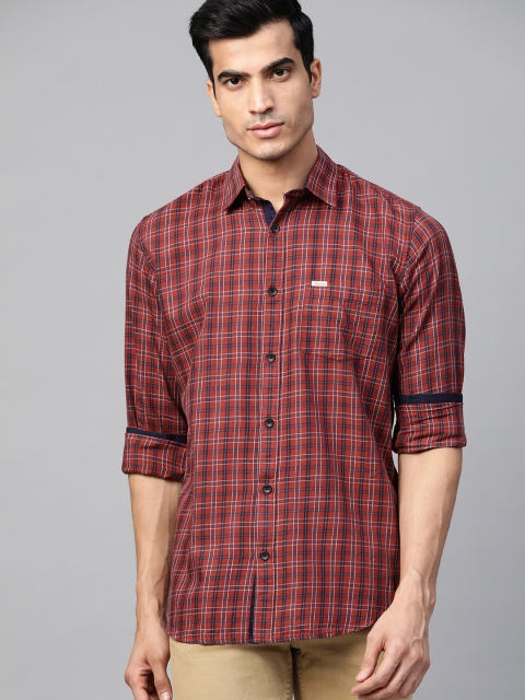 

DENNISON Men Rust Red & Navy Blue Smart Slim Fit Tartan Checked Casual Shirt
