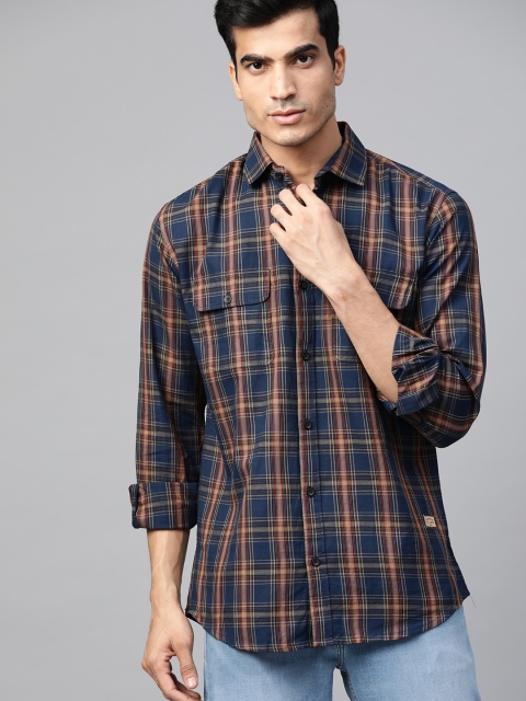 

DENNISON Men Navy Blue & Brown Comfort Slim Fit Tartan Checked Casual Shirt