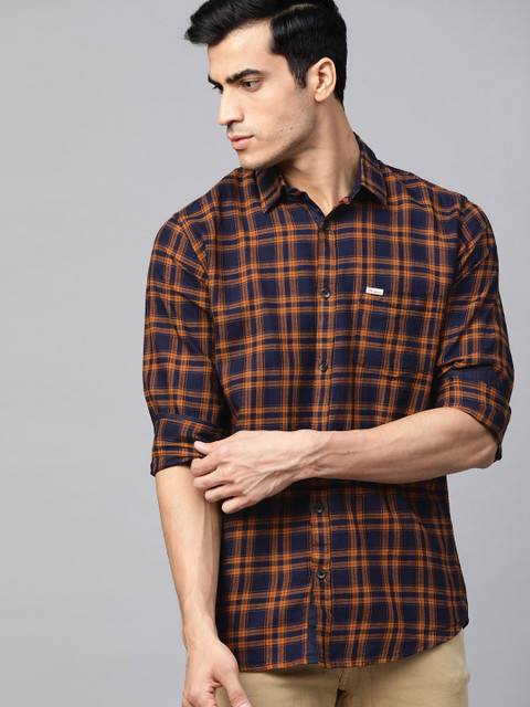 

DENNISON Men Navy Blue & Orange Smart Slim Fit Tartan Checked Casual Shirt
