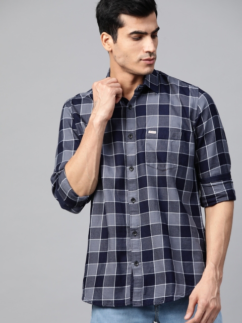

DENNISON Men Grey & Navy Blue Smart Slim Fit Windowpane Checked Casual Shirt