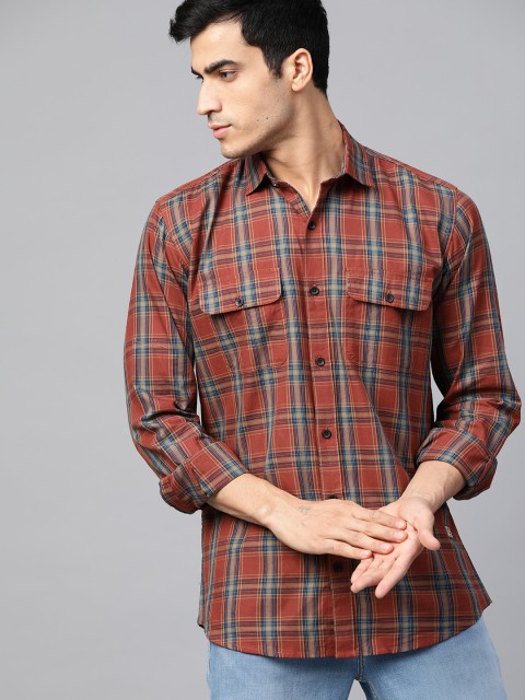 

DENNISON Men Rust Red & Blue Comfort Slim Fit Tartan Checked Casual Shirt