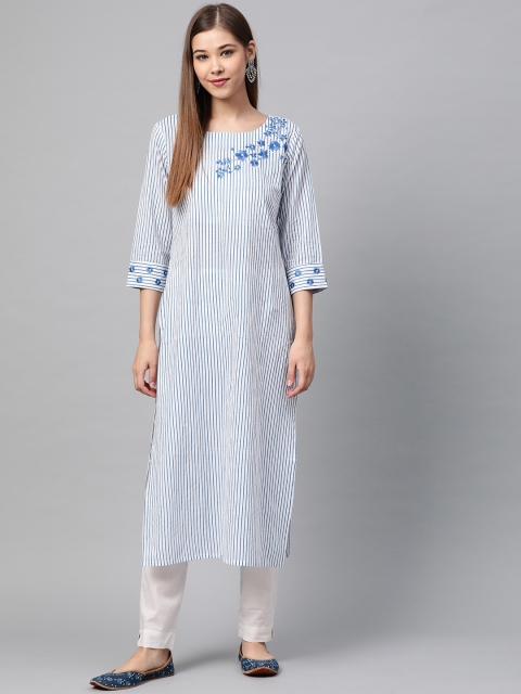 

Varanga Women White & Blue Striped Straight Kurta