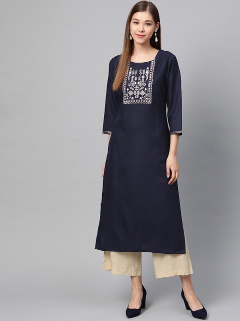 

Varanga Women Navy Blue Embroidered Straight Kurta