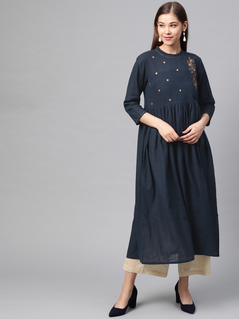 

Varanga Women Navy Blue Embroidered Yoke Design A-Line Kurta