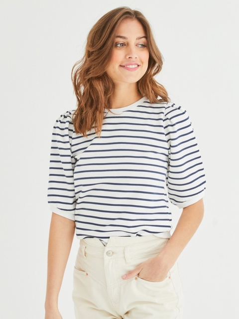 

promod Women White & Navy Striped Round Neck T-shirt