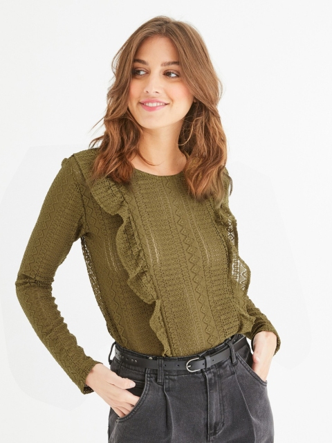 

promod Women Olive Green Lace Self-Design Top