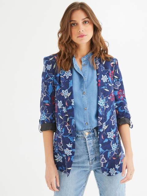 

promod Women Navy Blue & Maroon Printed Open Front Jacket