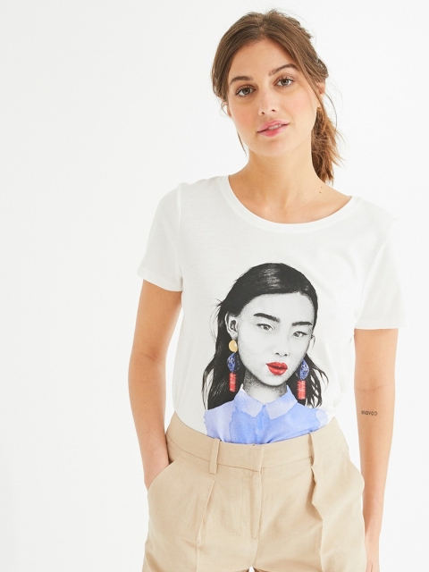 

promod Women White & Blue Printed Round Neck T-shirt