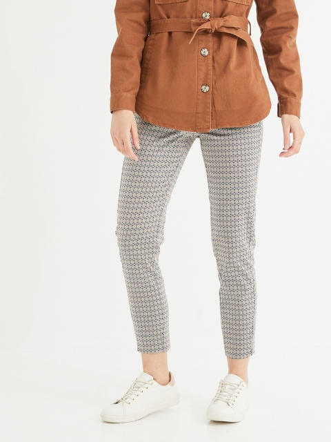 

promod Women White & Black Regular Fit Printed Cigarette Trousers