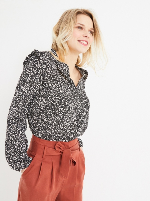 

promod Women Black& White Printed Regular Top